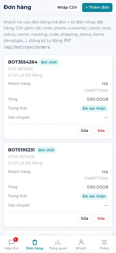 Đơn hàng trên điện thoại